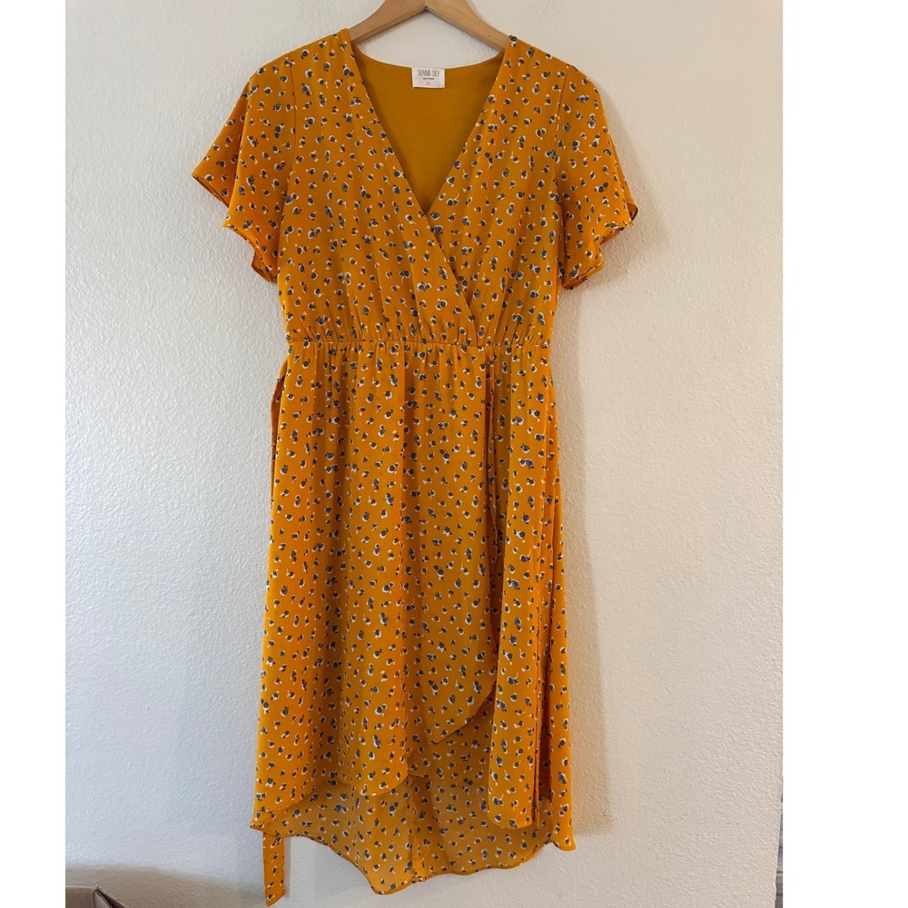 Sienna Sky Floral High Low Wrap Dress Large Mustard Yellow Flutter Sleeve L
